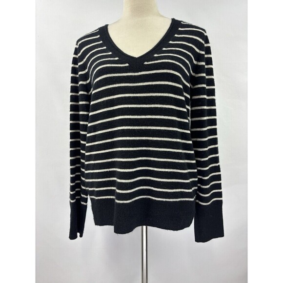 Halogen Cashmere Sweater Black White Stripe Medium V-neck Long Sleeve Pullover - Picture 2 of 8